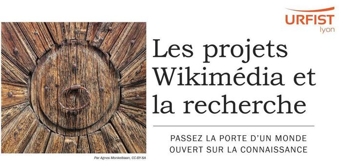 Photo d'une porte fermée (mais avec une poignée) avec pour titre "les projets wikimédia et la recherche"