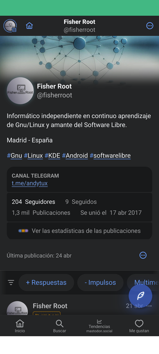 Phanpy en Android 14 usando aplicación progresiva en Firefox.