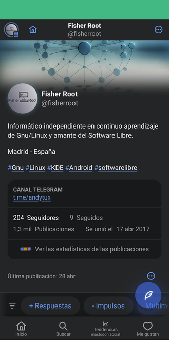 Phanpy en Android 11 usando aplicación progresiva en Firefox.