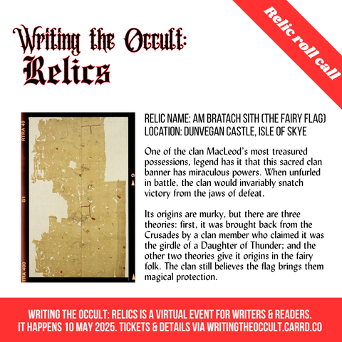 A text-heavy graphic features the same text as in the threaded post. At the left is a photo of the fairy flag, a very torn and worn piece of beige cloth with some red and black stains and markings.
