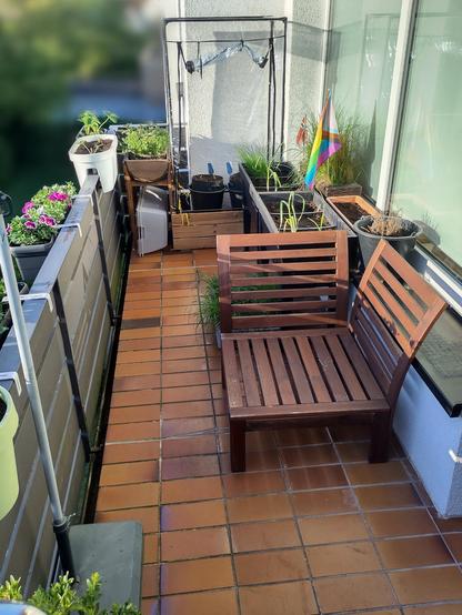 Ein gefliester Balkon mit vielen Blumenkästen am Geländer, in denen Erdbeeren und Petunien wohnen. Auf der anderen Seite sind einige Hochbeete, in denen Knoblauch, Schnittlauch, Kresse und hoffentlich noch mehr Kräuter wachsen werden. Ganz hinten steht ein kleines PVC-Gewächshaus mit, noch sehr kleinen, Cannbispflanzen.