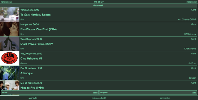 Screenshot van de homepage van rendezvous.be, waarop een overzicht van de evenementen van deze week te zien is.