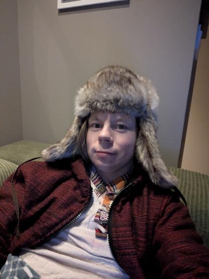 The image captures a solitary individual, relaxing at home. The person is seated on a green couch wearing a ushanka. A picture frame adorns the wall behind them, adding a touch of domesticity to the scene.