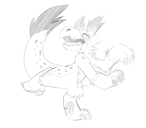 Milo the velociraptor with his arms held forward, and a leg raised into the air behind him, tail curled upwards.  Commission drawn by ScruffKerfluff!
