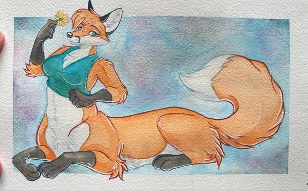 A watercolor painting of a fox taur who’s laying down. She’s orange and white with black socks on all feet. She’s looking left while holding a yellow flower up. She’s wearing a blue green tank top and is seated in front of blue/purple color splash.