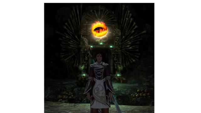 My main LOTRO Character at the entrance/exit of the Paths of the Dead, a key LOTR location.

She has a quest ring over her head, thanks to the /sos emote.