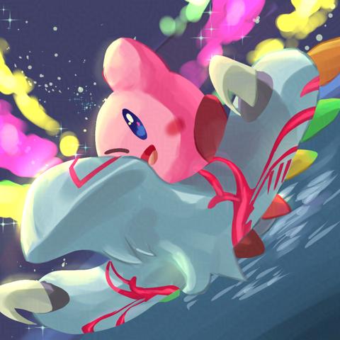 Kirby floating in space with his Dragoon