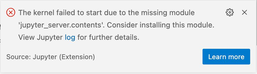 The kernel failed to start due to the missing module 'jupyter_server.contents'. Consider installing this module. View Jupyter log for further details.