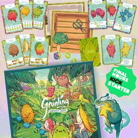 preview of the Grunling card game on Kickstarters with the box illustration and cards laying around
