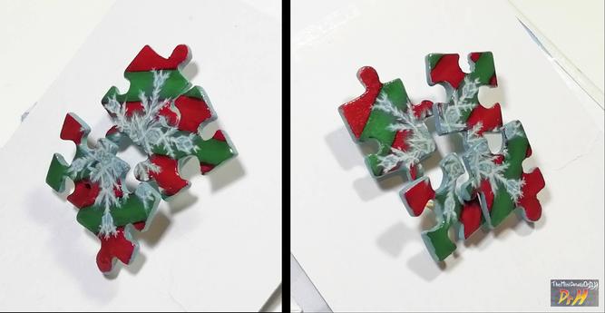 Four jigsaw piece earrings close together, but not joined.