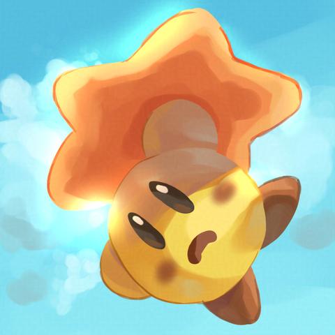 Yellow Kirby clinging to a Flight Warp Star on a blue sky