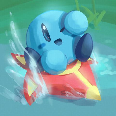 Blue Kirby on a Free Star, getting splashed by speeding on a watery surface