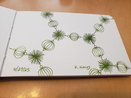 Hand drawn generative/procedural art in ink on an open page of my sketchbook.
