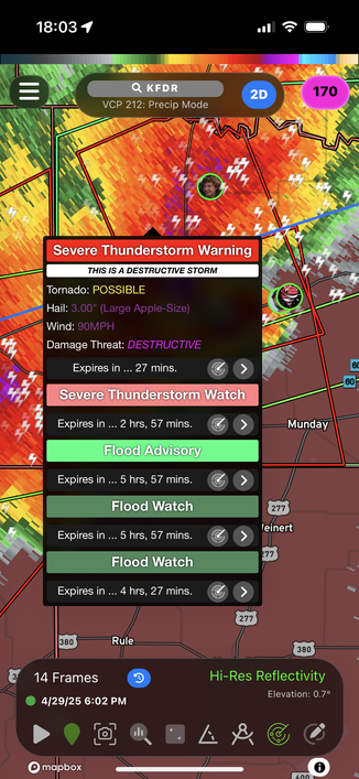 a destructive severe thunderstorm warning for Knox County, Texas for 3 inch hail and 90 mph winds