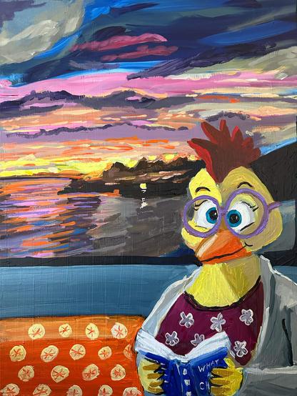 A yellow hen in a floral shirt and cardigan reads "What a Chicken Knows" in the quiet lounge on a ferry headed to the mainland. Behind her is a glorious sunrise which she is completely missing.