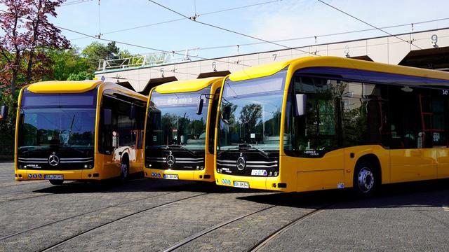 The image shows three yellow buses parked in front of a bus depot. Each bus is aligned in a row, facing forward. The buses have a modern design, with large windscreens and the Mercedes-Benz logo prominently displayed on the front. "HEAG mobilo" is visible on the destination display at the top of the buses. The depot building behind is light-coloured, with numbered parking bays above the bus doors. Overhead electrical wires crisscross the sky, likely for trams or trolleybuses. The surrounding area features trees with green foliage and a few red leaves, indicating a spring or early autumn setting.