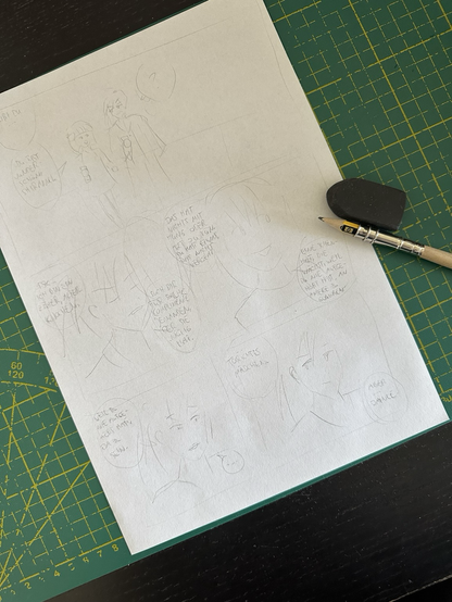 Photo of a very rough pencil sketch for a comic page. A pencil and a rubber/eraser lie on top of it.