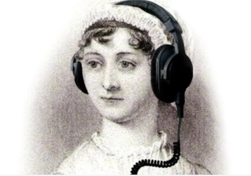 A black and white sketch of Jane Austen wearing headphones.