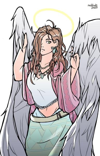 Drawing of Serah, an angelic young woman with long wavy brown hair. She has huge, white feathery wings on her back, which she is touching with her hands. She's wearing a crop top, along with a very large, billowing skirt and a long-sleeved top with sleeves extending past her hands.