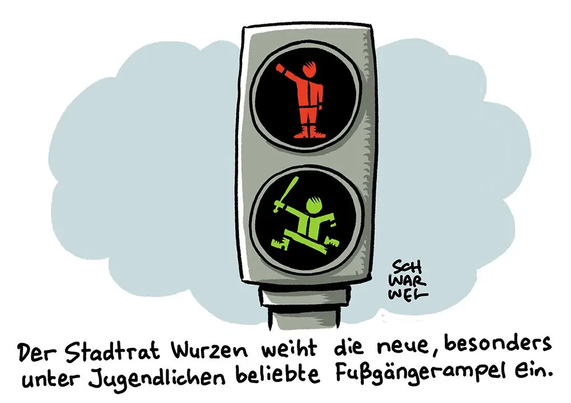 Karikatur: Ampel. Oben in Rot ein Nazi mit ausgestreckten Arm, unten in Grün ein Mensch der Rennt und einen großen Knüppel in der Hand hat. | Beschreibung: Der Stadtrat Wurzen weiht die neue, besonders unter Jugendlichen beliebte Fußgängerampel ein. | Künstler: Schwarwel