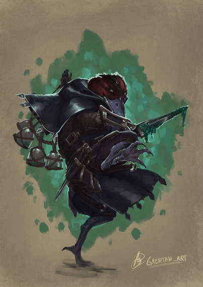digital illustration of an anthropomorphic Ferruginous Duck , wearing fantasy rogue/thief/assassin apparel(light black and brown clothing, with spiked ornaments, a holster with a couple of daggers, poison vials attached on a series of ropes between their back and left arm, and a black eyepatch). The character is seen in the middle of doing a kick while holding a shortword that's dripping thick venom drops