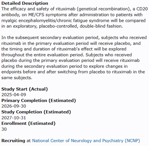 Detailed Description
The efficacy and safety of rituximab (genetical recombination), a CD20 antibody, on ME/CFS symptoms after administration to patients with myalgic encephalomyelitis/chronic fatigue syndrome will be compared in an exploratory, placebo-controlled, double-blind fashion.

In the subsequent secondary evaluation period, subjects who received rituximab in the primary evaluation period will receive placebo, and the timing and duration of rituximab's effect will be explored throughout the entire evaluation period. Subjects who received placebo during the primary evaluation period will receive rituximab during the secondary evaluation period to explore changes in endpoints before and after switching from placebo to rituximab in the same subjects.

Study Start (Actual)
2025-04-09
Primary Completion (Estimated)
2026-09-30
Study Completion (Estimated)
2027-10-31
Enrollment (Estimated)
30

Recruiting at National Center of Neurology and Psychiatry (NCNP)