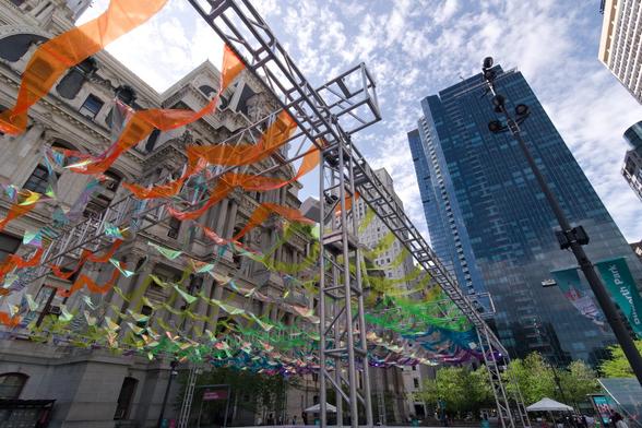 Colorful plastic strips decorate a skating rink outside of City Hall in Philadelphia.