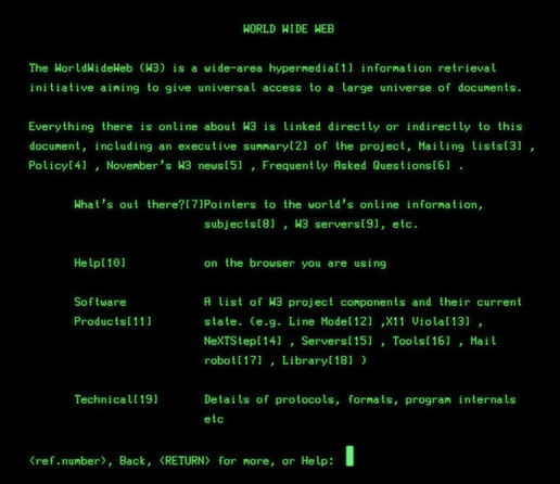 A screen shot of green neatly formatted text on a black background of a web page, WORLD WIDE WEB by The World Wide Web project, as viewed by the line mode client.

The page describes the WorldWideWeb (W3):

"The WorldWideWeb (W3) is a wide-area hypermedia information retrieval initiative aiming to give universal access to a large universe of documents.
Everything there is online about W3 is linked directly or indirectly to this document, including an executive summary of the project, Mailing lists , Policy , November's W3 news , Frequently Asked Questions ."

and provides links to more resources.

Taken from the original image https://line-mode.cern.ch/img/lmb-2013.jpg
