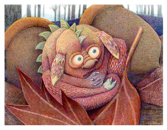 Purplish dusk deep in the woods, a tiny baby monster -- the size of a large walnut, with delicate scales of pink, gold and light blue, is nestled in a bed of leaves and acorns. Head, arms and legs are wrapped tightly around itself as it waits nervously for its mother to arrive with dinner. Large eyes peer from its face, surrounded by floppy ears and tiny claws.