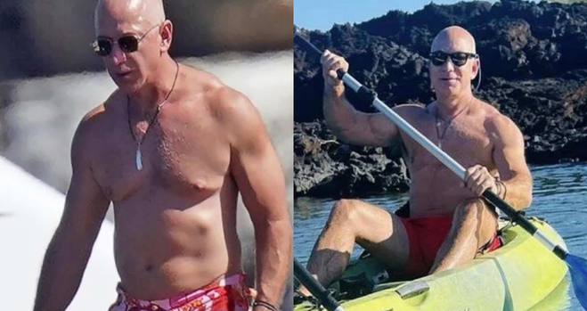 two photos showing Jeff Bezos wearing a bathing suit and sunglasses