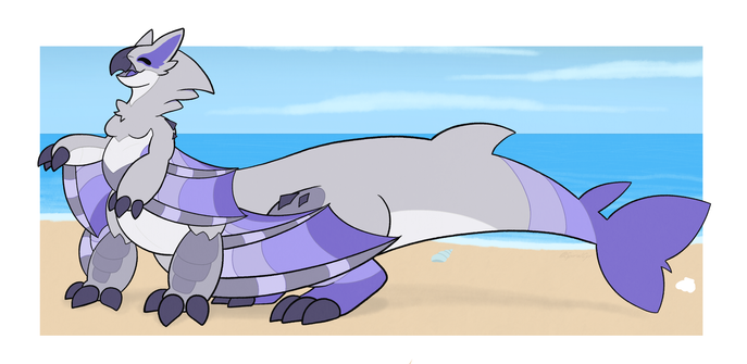 Willow the Nargacuga/Garchomp taur standing on a beach looking happy!