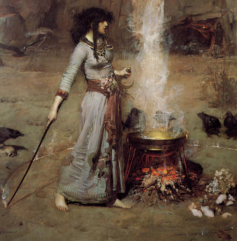 The Welsh sorceress Ceridwen performs her magic over a cauldron. Painting by John Waterhouse.