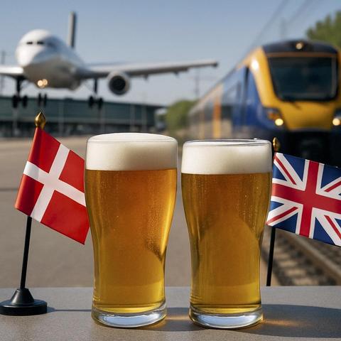 Image of a plane (left) and train (right) with two glasses of beer and a flag in the foreground, to accompany the results of the European Travel Beer Survey, celebrating the best places to enjoy a quality beer while in transit.