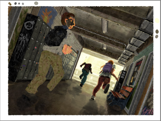 WIP of a digital illustration of three people running down a dark college hallway