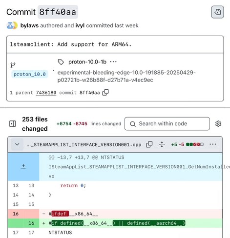 A imagem mostra uma página do GitHub, de um commit de código 8ff40aa, com a seguinte descrição: lsteamclient: Add support for ARM64.
