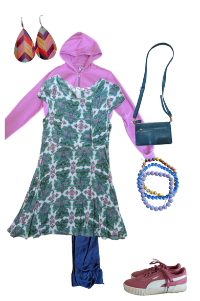 Flat lay of my outfit for the day, which was a green and purple dress, navy tights, pink shoes, a pink cropped hoodie, large rainbow cork earrings, a blue bag, and three beaded bracelets that are mauve, blue and multicoloured.