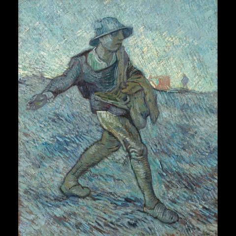 The image is a representation of an oil painting by Vincent van Gogh titled “The Sower“. It features a figure from behind, depicted as a peasant working in the field. The brushwork is expressive and loose, typical of Van Gogh’s style, with a palette dominated by earth tones that give it a rustic feel. This artwork belongs to the genre of post-impressionism and is known for its emphasis on subjective emotions over physical reality.