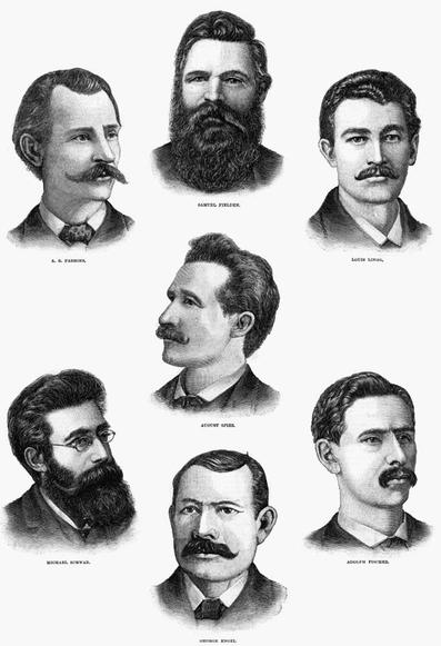 An engraving of the seven Haymarket Martyrs who were sentenced to death.