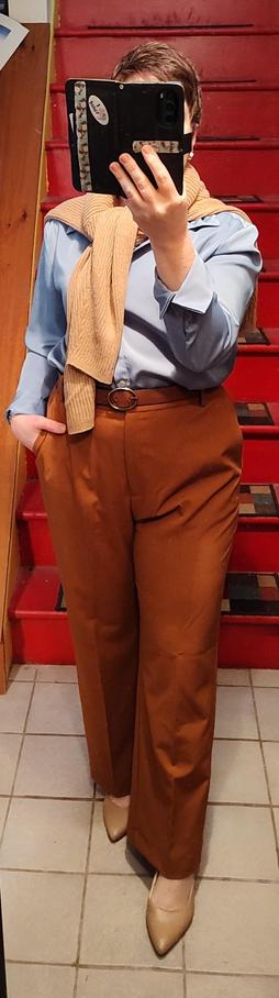 Blue satin button up with cuffs turned up, mocha trousers and mocha belt, camel slingbacks and camel sweater as scarf. Not pictured: Samuel Beckett growling on my shoulder lol.