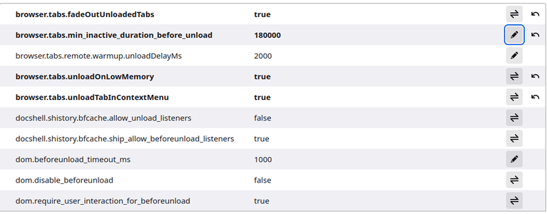 Firefox About:Config menu, filtered using "unloaded" keyword