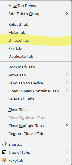 Firefox tab context menu, highlighting the Unload Tab option