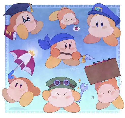 Digital art of Waddle Dees from Kirby on a blue background. Description of the Waddle Dees will be done left to right, top to bottom. Waddle Dee with glasses and a graduation cap sitting with a book, Waddle Dee sleeping lying on its stomach, Waddle Dee with a blue cap that has a star on it standing, Bandana Waddle Dee with a spear and an angry facial expression in the middle of the picture, parasol Waddle Dee floating/descending, a Waddle Dee wearing a green cap with goggles and holding a wrench with a happy facial expression, a waddle dee struggling to carry a large box filled with fruit (mainly apples). Signed CaptainRob on May 1st 2025
