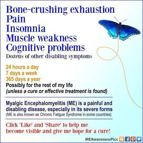 Bone-crushing exhaustion Pain Insomnia Muscle weakness Cognitive problems Dozens of other disabling symptoms 24 hours a day 7 days a week 365 days a year Possibly for the rest of my life (unless a cure or effective treatment is found) Myalgic Encephalomyelitis (ME) is a painful and disabling disease, especially in its severe forms (ME is also known as Chronic Fatigue Syndrome in some countries) Click 'Like' and 'Share' to help me become visible and give me hope for a cure! MEAwarenessPics
