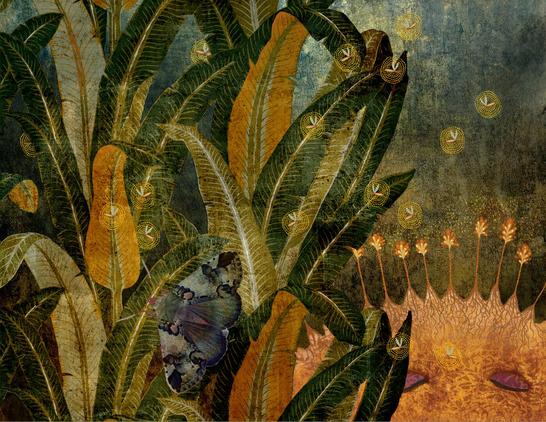 Textured background of deep teal and forest greens. Foreground of large detailed leaves of green and gold. Lower right corner, a partial abstract face with hair-like spikes topped with gold and yellow flowers. Hovering within and around the leaves are tiny golden fireflies encircled by light. A solitary mottled purple, blue-gray moth alights upon a leaf. NOTE: This description is created especially for my lovely blind friend, Georgiana. :-)