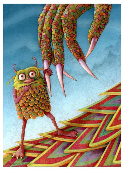 Against a brilliant blue sky, with just a hint of mountains in the distance, a teeny baby monster trembles with uncertainty on its mothers scaly leg, grasping her long sharp claw for balance. It nervously stares (at me) with large bulging eyes, while the other hand is clamped firmly in its mouth. Bright scales of chartreuse, vivid orange and crimson red cover the body of this wee creature, accompanied by slender candy-cane-like curved horns atop its bald green head.  I find it  endearingly adorable. NOTE: This description created especially for my lovely blind friend, Georgiana.