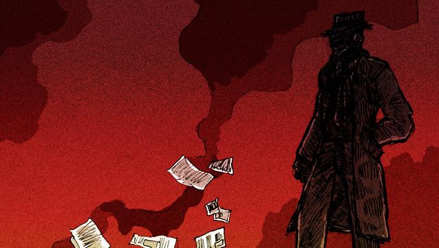 Une silhouette sombre portant un masque cybernétique, un chapeau noir et un manteau en cuir fait face à des feuillets virevoltant dans une atmosphère poisseuse faite de nuages de gaz rouge sang.