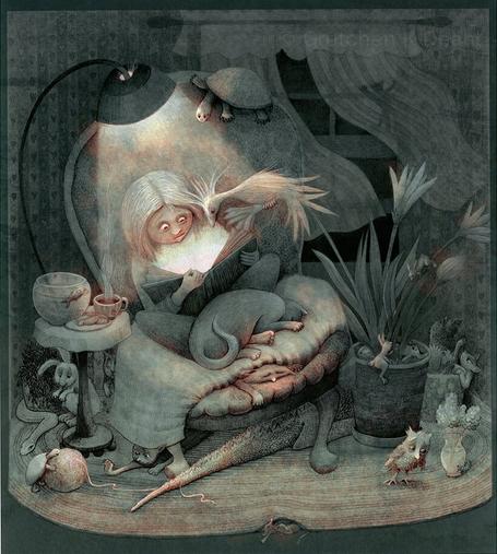 On a muted dark green watercolor wash, a detailed pencil/graphite drawing of a young girl staring avidly at an open book. She is seated in a chair and surrounded by all kinds of creatures, including a turtle, rabbit, owl, alligator, snake, fish and bird. Next to her on a small table, a cup of steaming tea and a plate of cookies.