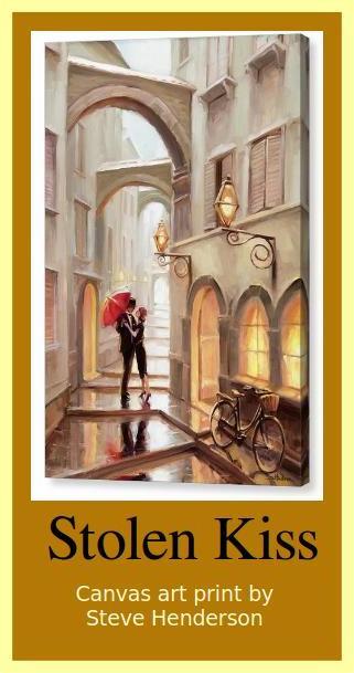 Canvas print of an original oil painting depicting a couple kissing in the alleyway of an Italian street.