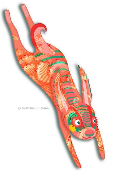 Graphic drawing of a smiling, leaping rabbit, decorated with swirling patterns and textures, against a white background.