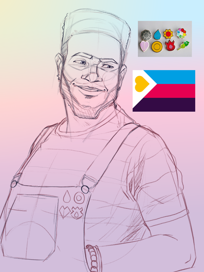 Drawing WIP of a tall, plus size black man with a flat top hairstyle and beard. He's wearing a striped shirt and overalls. The overalls have four Kanto gym badge pins. From top-left to bottom-right: the Water badge, Marsh badge, Soul badge, and Volcano badge. He's looking down to the side with a happy, bemused expression. The background is a pastel blue-red-purple gradient, with a gold radial gradient in the top-left corner. Reference images of the Pokemon badges and the Polyamory flag are on the right-hand side.